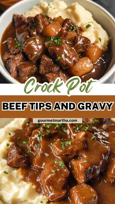 beef and gravy in a bowl with mashed potatoes