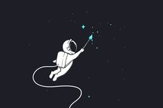 an astronaut floating in the sky with a string attached to it's arm and holding a