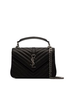 This black Saint Laurent College medium leather shoulder bag is crafted in Italy. In a matelassé quilted construction, it has a chain strap, YSL monogram buckle and aged silver tone hardware. We'd bookmark this page and start dropping subtle hints to your significant other now. You want to make sure this Saint Laurent bag arrives in time for term start. Ysl College Bag Medium, Ysl College Bag, Saint Laurent Purse, Designer Shoulder Bags, Chain Strap