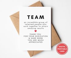 a card with the words team on it next to an envelope that reads, thank you for your work and you are much appreciation