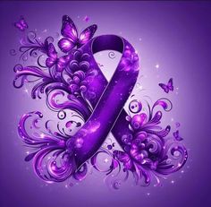 a purple ribbon with butterflies on it