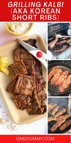 grilled steaks are being cooked on the grill and then served with rice, lemon slices