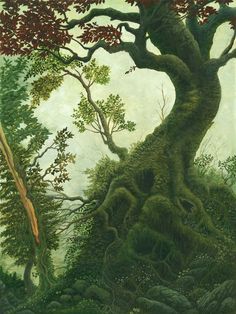 a painting of a tree in the middle of a forest