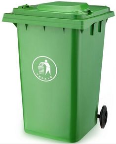 a green plastic trash can with wheels on the side and a white sticker on the lid