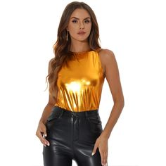 Your glittering personality will shine through in this breezy stretchy metallic flashing round-neck top. A finely smooth top is cut in a chic swing silhouette to make you shine on any occasion in this stylish tank top. It's a nice choice for different parties. Shimmering golden threads make this lightweight, fine-gauge top truly shine. Cut from soft semi-shiny stretch fabric, this lightweight tank top keeps you cool and makes you chic. Shiny Tank Top For Party Season, Glamorous Shiny Tank Top For Party, Trendy Metallic Tank Top For Party, Shiny Sleeveless Tank Top For Party, Metallic Tank Top For Party Season, Glamorous Metallic Tank Top For Party Season, Shiny Stretch Top For Party, Metallic Shimmer Tank Top For Night Out, Glamorous Gold Tank Top For Party