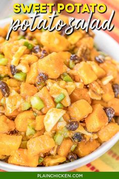 sweet potato salad in a white bowl with text overlay