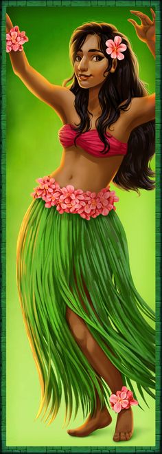 a painting of a woman in a hula skirt with flowers on her head and arms