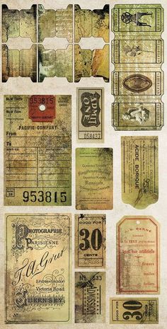 an assortment of old fashioned paper with different designs and numbers on it's sides