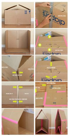 the instructions for how to make a doll house out of cardboard boxes with pink tape