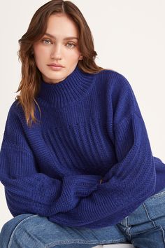 A timeless turtle neck sweater featuring our signature patchwork knit pattern, the VALAIS has a boxy fit and is crafted in a wool nylon blend. With chunky rib knit neck, cuffs and hem. Blue Turtleneck Sweater With Ribbed Cuffs, Blue Long Sleeve Turtleneck With Ribbed Cuffs, Blue Turtleneck For Winter Layering, Blue Winter Turtleneck With Ribbed Cuffs, Blue Ribbed Cuff Turtleneck For Winter, Blue Funnel Neck Sweater With Ribbed Cuffs, Blue Ribbed Cuffs Turtleneck For Winter, Blue Chunky Knit Turtleneck Sweater, Blue High Neck Sweater For Fall