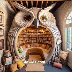 an owl shaped room with bookshelves and pictures on the wall