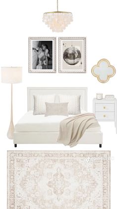 a bedroom with white furniture and pictures on the wall, including a chandelier