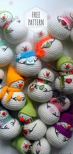 several knitted balls with faces on them and the words free pattern written below it