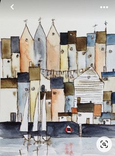 a watercolor painting of houses and boats