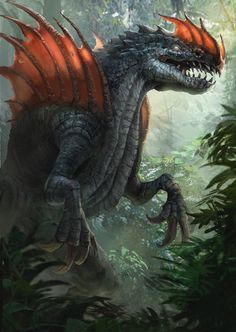 an illustration of a dragon with orange wings standing in the forest, looking at something