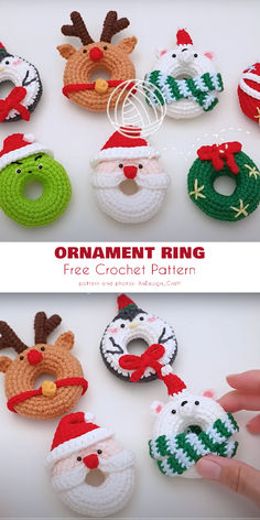 crochet christmas ornaments are being displayed on a white surface with the text, ornament ring free crochet pattern