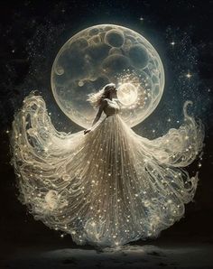 a woman is standing in front of the moon