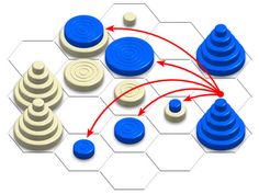 an image of a game board with several pieces on it and arrows pointing to each other