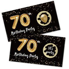 two black and gold 70th birthday party candy bar wrappers with golden foil confetti