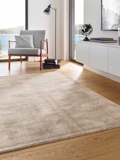 a living room filled with furniture and a large rug on top of a hard wood floor