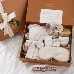 the gift box is filled with personal care items and has a thank you message on it