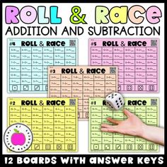 roll and race addition and subtraction game with two hands holding up dices