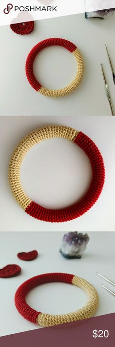 two pictures showing how to make a knitted bracelet with yarn and scissors on the table