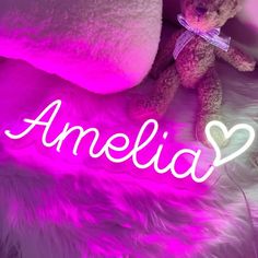 Stylish Amelia Neon Name Sign - from manhattonneons.com. Amelia Name, Neon Name Sign, Hazardous Materials, Custom Neon Signs, Neon Lights, Name Sign, Name Signs, Girl Names, Neon Lighting