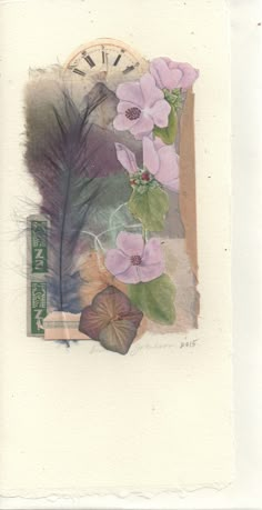 a painting of flowers and a clock on a piece of paper