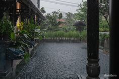 an outdoor courtyard with rain falling on the ground