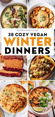 an image of winter dinner collages with text overlay that reads 28 cozy vegan winter dinners