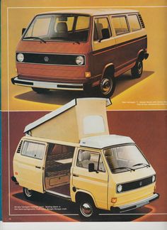 an advertisement for the vw camper van, with two pictures of it in different colors