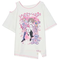 Get ready to embrace your inner kawaii with this adorable comic girl print T-shirt! The cutout shoulder design and lettuce trim details add a touch of playful charm, while the cute pins decoration gives it a fun and unique flair. This loose-fitting tee is perfect for a casual, comfy look.  Please note that this item includes only the T-shirt. Garment Size SizeSMLFull Length59.561.563.5Bust106110114Shoulders586062Sleeve Length16.51717.5Hem Circumference119123127Cuff39.540.741.9 Y2k Tshirt Designs, T Shirt Designs Graphics, Cartoon Shirt Design, Fit Board, Steampunk Fashion Male, Kawaii Shirts, Shirt Drawing, Cartoon Shirts, Comics Girl