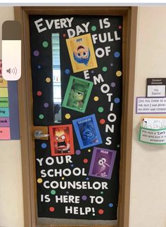 a door decorated with posters and magnets on the front of a school building that says every day is full of emotions