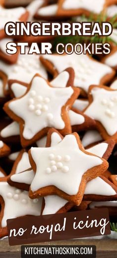 gingerbread star cookies with white icing on a wooden table and text overlay reads, no royal icing