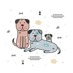 two dogs sitting next to each other on top of a white background with geometric shapes