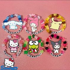 Hello Kitty And Friends Bracelets, My Melody And Kuromi And Hello Kitty, Sanrio Themed Bracelets, Kuromi And My Melody Matching Bracelets, Bracelet Ideas Sanrio, Kuromi Inspired Bracelet, Sanrio Inspired Bracelet, Kuromi Bracelet Beads, Hello Kitty Beaded Bracelet