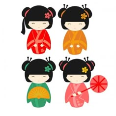 four geisha dolls in different colors and designs