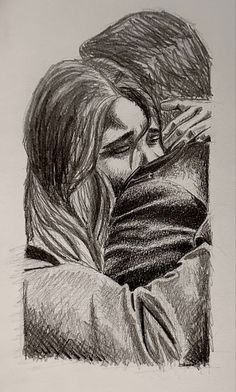 a black and white drawing of a woman holding her head in her hands while looking down