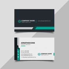 two sided business card with green and black accents on the front, side and back