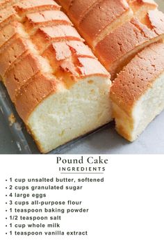 a loaf of pound cake sitting on top of a pan filled with sliced up bread