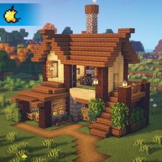 a small house made out of wood in the middle of a field with trees and bushes