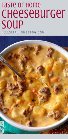 a white bowl filled with meat and cheese soup next to a baguette roll