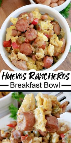 Collage of overhead shot of delicious Huevos Rancheros breakfast bowl at top and closeup shot of forkful of Huevos Rancheros breakfast at bottom. Casserole Breakfast Recipes, Beans Breakfast, Burritos Beef, Breakfast Scramble, Breakfast Sausage Links, Breakfast Bowls Recipe, Breakfast Sausage