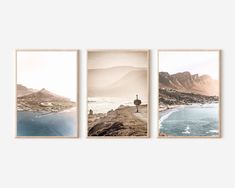 three framed photographs of a man standing on top of a cliff overlooking the ocean and mountains