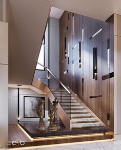 an elegant staircase in the middle of a room with marble floors and wooden paneling