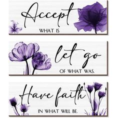 three purple flowers with the words accept what is let go, have faith in what will be