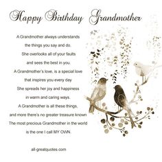 a birthday card with two birds sitting on a branch and the words happy birthday grandmother