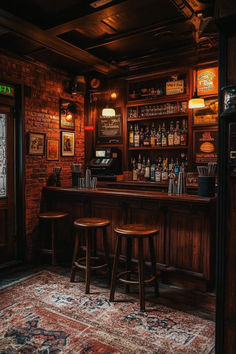 a bar with two stools in front of it