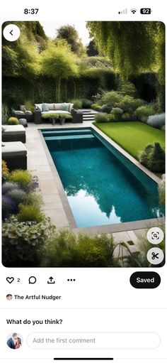 a pool surrounded by trees and bushes with the caption'what do you think? '